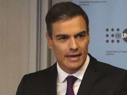 El presidente del Gobierno, Pedro Sánchez, durante un acto contra la violencia hacia las mujeres en Nueva York.