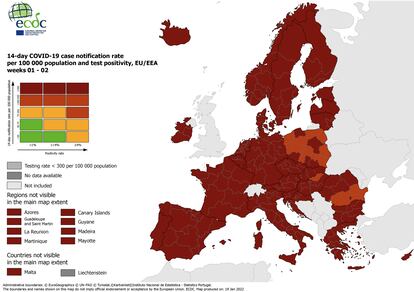 Mapa que pondera la incidencia acumulada en 14 días y la positividad de las pruebas diagnósticas en las regiones de la UE y que sirve para establecer el nivel de restricciones (20-1-2022).