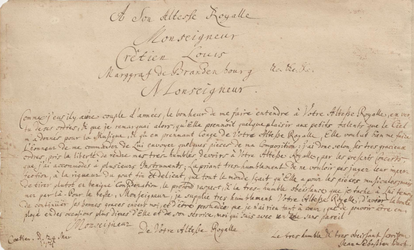 Dedicatoria autógrafa de la colección, en francés, al margrave Christian Ludwig de Brandeburgo, firmada por Johann Sebastian Bach el 24 de marzo de 1721.