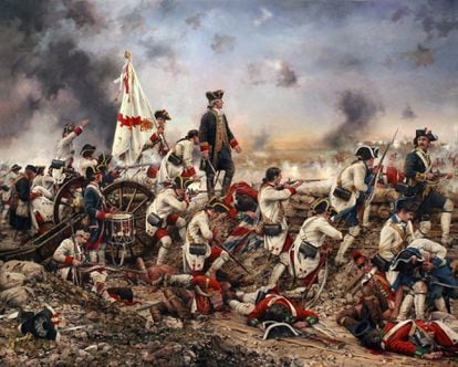Las fuerzas españolas lideradas por Bernardo de Gálvez durante la batalla de Pensacola (Florida), obra de Augusto Ferrer-Dalmau (2015)