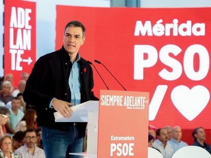 Pedro Sánchez, este sábado en un mitin del PSOE en Mérida (Badajoz).