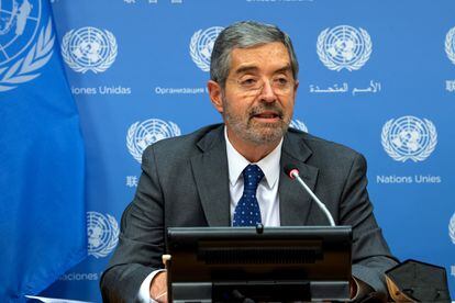 El representante permanente de México, Juan Ramón de la Fuente, habla este lunes en la sede de Naciones Unidas.