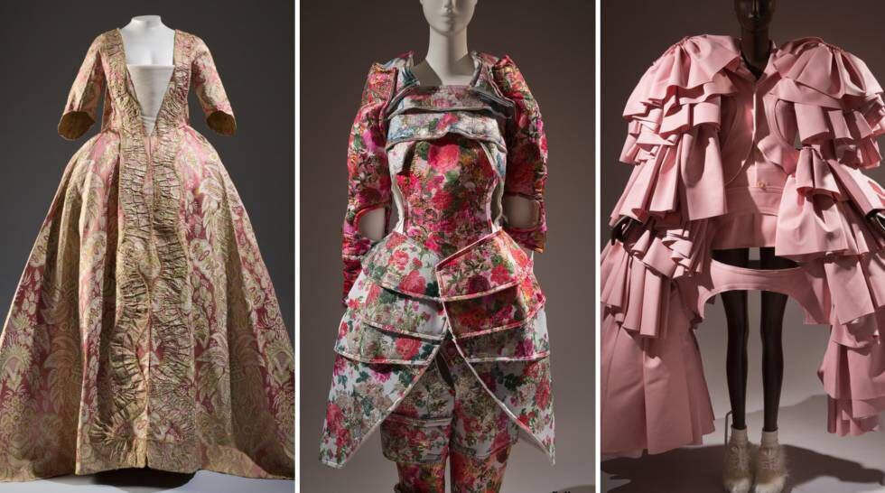 Un vestido del siglo XVIII y dos piezas de Comme des Garçons de 2016, una de estética japonesa de 2016 y otra cuajada de volantes.