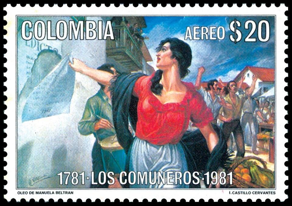 Una estampa postal conmemorativa con un cuadro de Manuela Beltrán.