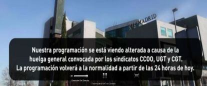Emisión de Telemadrid, hoy: una foto y un mensaje de huelga.