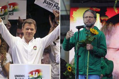 Los dos principales candidatos a la presidencia de Colombia, Juan Manuel Santos (izquierda) y Antanas Mockus, durante los cierres de sus respectivas campañas.