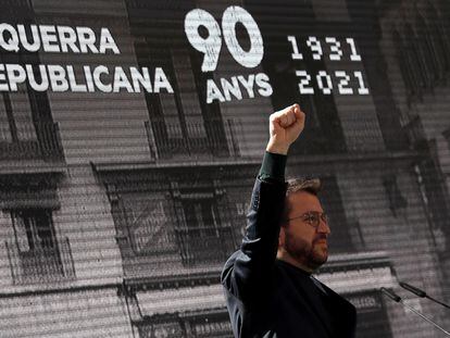Pere Aragonès, durante su intervención en el acto de celebración del 90 aniversario de la fundación del partido, republicano el sábado en Barcelona.