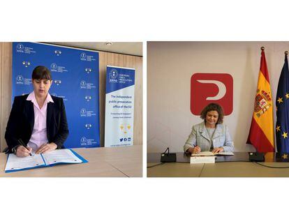 La fiscal General Europea, Laura Codruța Kövesi, y la decana del Colegio de Registradores, María Emilia Adán