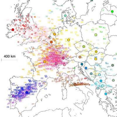 Lugar de origen de los 1.387 europeos estudiados, según su genoma.