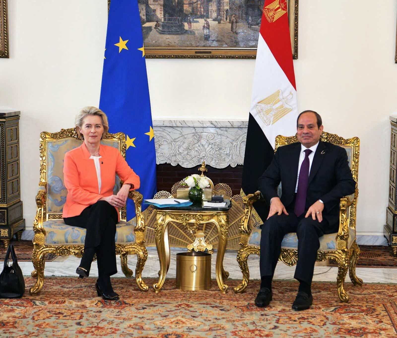 European Commission President Ursula von der Leyen at the Ittihadiya presidential palace in Cairo, Egypt, March 17, 2024, in this handout picture courtesy of the Egyptian Presidency. The Egyptian Presidency/Handout via REUTERS ATTENTION EDITORS - THIS IMAGE WAS PROVIDED BY A THIRD PARTY.