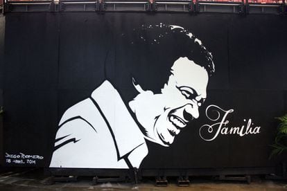 Huge art at the entrance of public funeral service for Cheo Feliciano at Coliseo Roberto Clemente on April 19, 2014 in San Juan, Puerto Rico.