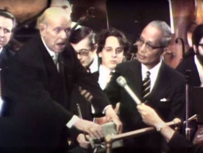 Pau Casals durant l'entrega de la medalla d'or de l'ONU.