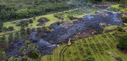 Según el Observatorio Hawaiano de Volcanes, el flujo de magma candente se desplaza a unos 14 metros por hora y tiene un frente de 570 metros de ancho. En la imagen, una máquina trabaja junto al río de lava cerca de la ciudad de Pahoa, 29 de octubre de 2014.