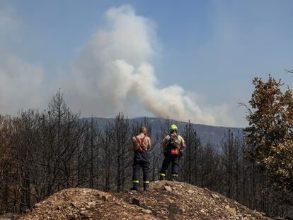 Dos bomberos checos observan el incendio forestal en el parque nacional de Dadia, este martes en la región griega de Evros.