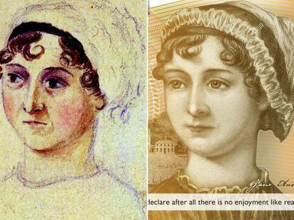 A la izquierda, Jane Austen dibujada por su hermana Cassandra. A la derecha, en el billete de 10 libras.