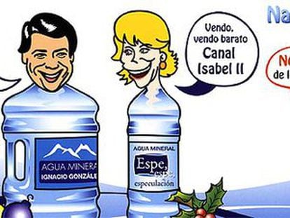 Esperanza Aguirre e Ignacio González, caricaturizados como botellas de agua.