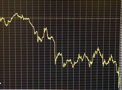 Gráfico del Ibex al cierre de la sesión de hoy en la Bolsa madrileña.