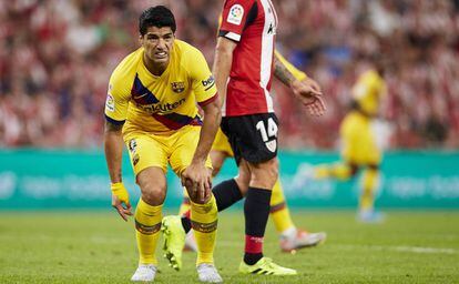 Luis Suárez, al lesionarse en San Mamés, en el estreno de LaLiga.