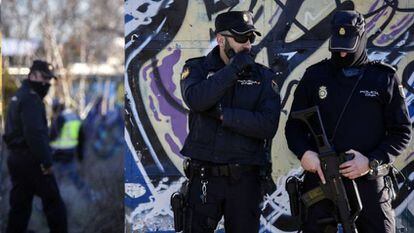 Agentes de la Policía Nacional en las inmediaciones donde se reunían los dos detenidos en Madrid.