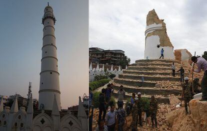La torre Dharahara antes del terremoto, a la izquierda, y, a la derecha, después