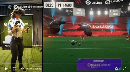 Una invitada a LaLiga Experience prueba el juego de realidad virtual que Orwell personalizó para LaLiga Santander durante la pasada temporada.
