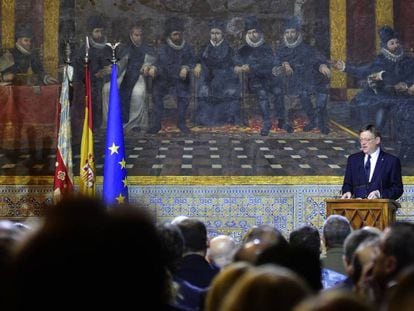 El presidente de la Generalitat, Ximo Puig, durante su intervenci&oacute;n en el Palau.