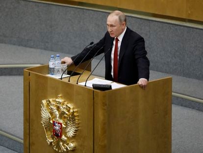 El presidente de Rusia, Vladímir Putin, en el Parlamento en Moscú, este martes.