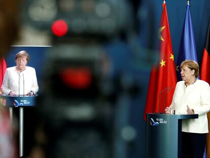 La canciller alemana, Angela Merkel, este lunes tras la reunión entre los líderes de la UE y China.