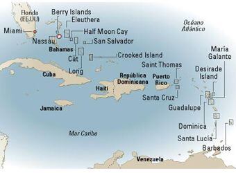 Mapa de los cruceros por el Caribe.