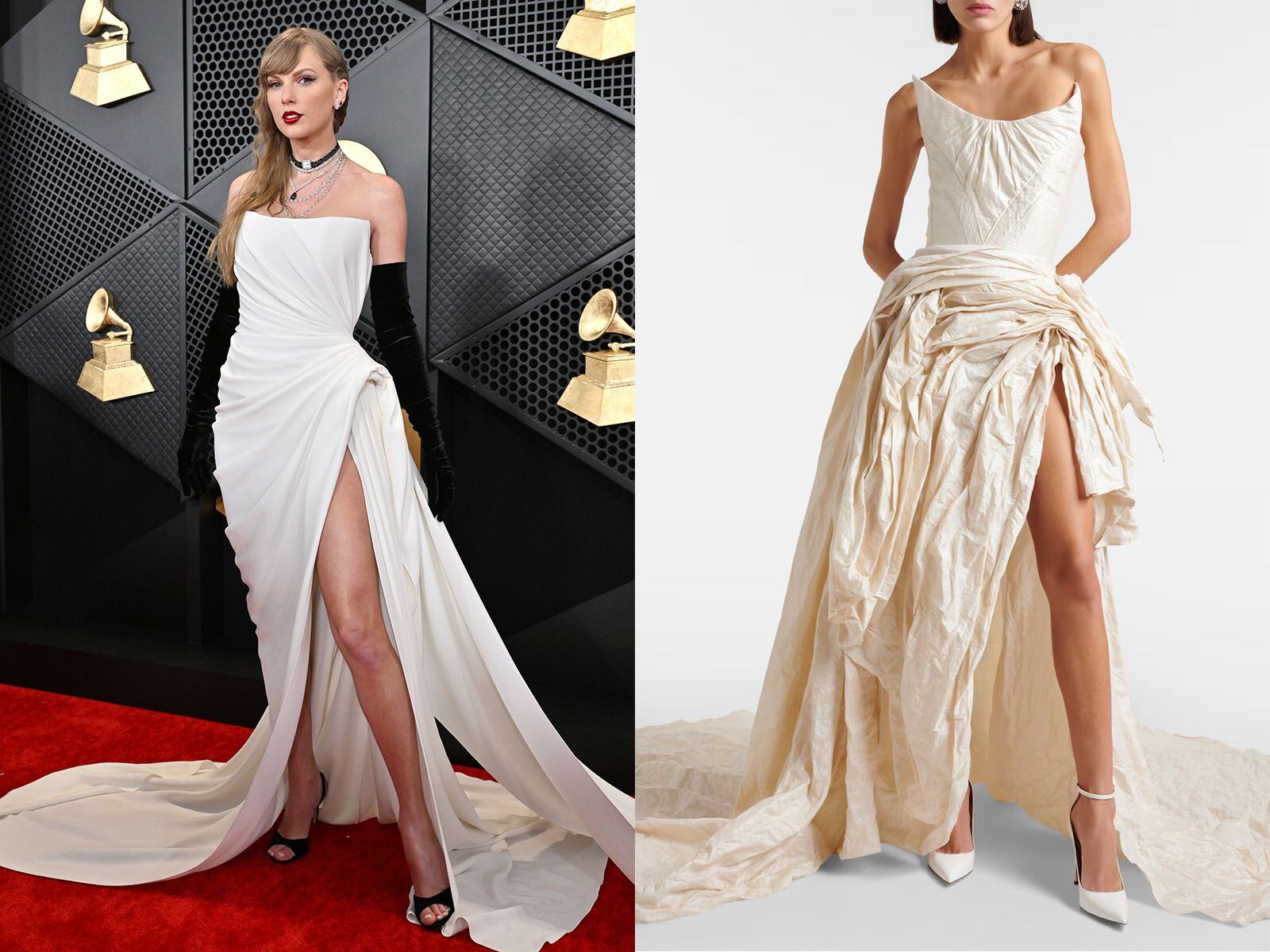 A la izda., Taylor Swift el pasado mes de febrero en los Grammy, con vestido de Schiaparelli. A la dcha., el diseño de Toni Maticevski que la compositora luce en el vídeo ‘Fortnight’.