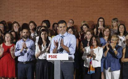 El Secretario General del PSOE, Pedro Sanchez, tras la reunión celebrada hoy para el Acuerdo Social, Político e Institucional contra la violencia de género.