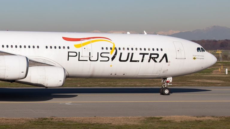 An aircraft of the Plus Ultra company, at Milan airport in 2019.
