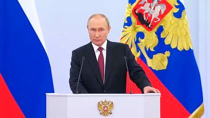 El presidente de Rusia, Vladímir Putin, durante su discurso, este viernes en Moscú.