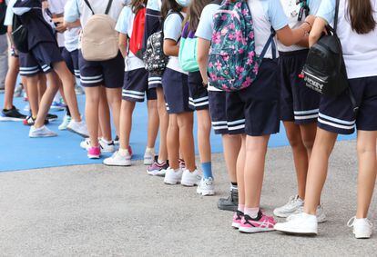 Un grupo de niños esperan a entrar en el colegio.