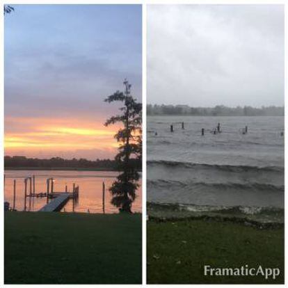 Imagen desde la casa de Helder Costa, antes y después de la tormenta en New Bern, Carolina del Norte.