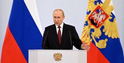 El presidente de Rusia, Vladímir Putin, este viernes, en la ceremonia de anexión de los territorios ucranianos.