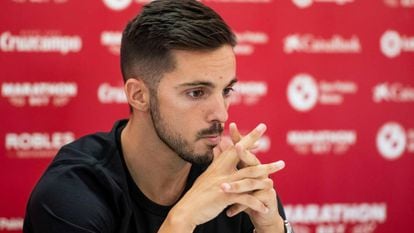 Pablo Sarabia, durante su rueda de prensa de despedida del Sevilla.