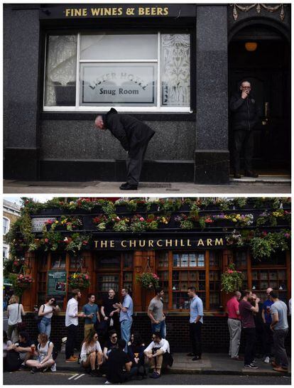 Un cliente frente al pub del hotel Lister en Kensington, Liverpool (arriba) el 19 de mayo de 2017 y clientes frente al pub 'The Churchill Arms' en Kensington, Londres, el 3 de junio de 2017.