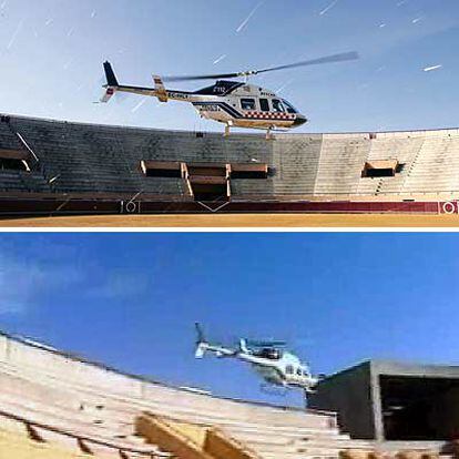 Arriba, momento del despegue del helicóptero. Abajo, el aparato gira sobre las gradas momentos antes de caer.