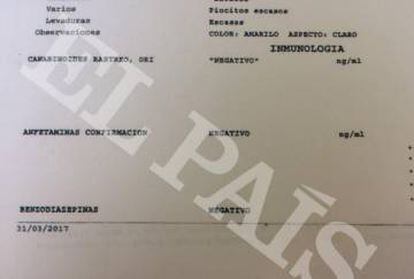 Un extracto de los análisis de sangre y orina de Carlos Villuendas donde muestra que no consumió drogas.