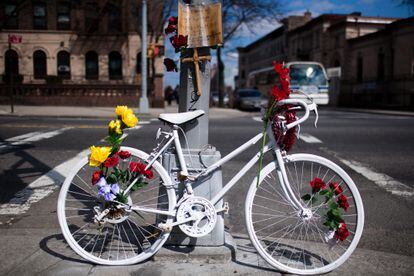 The 'Ghost Bikes' memorial to a cyclist who was killed in an accident on the streets of Brooklyn, New York.