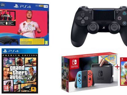 De izquierda a derecha: Lote de Play Station 4 y FiFA 20, mando Dualshock, videojuego Grand Theft Auto y Nintendo Switch más bono canjeable y videojuego.