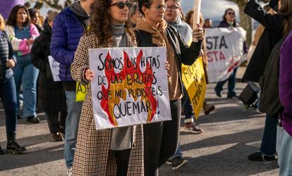 Una mujer porta una pancarta que reza " Somos las brujas que no pudisteis quemar", este sábado, durante la manifestación del 25-N contra la violencia a las mujeres, en Santander (Cantabria). 
