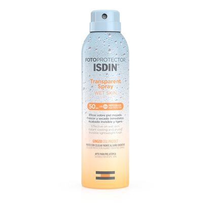 Transparent Spray Wet Skin de ISDIN cuenta con la fórmula Ginger Cell Protect a base de extracto de jengibre 100% con un alto contenido en antioxidantes. La tecnología Wet Skin permite que puedas ponerte la crema con la piel tanto mojda como seca manteniendo su factor de protección.