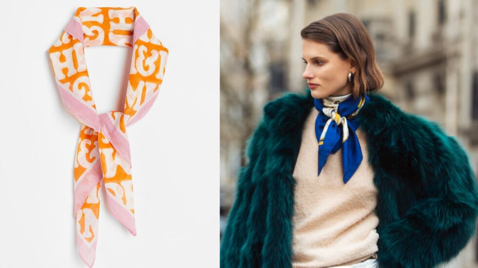A la izquierda, pañuelo estampado de H&M y, a la derecha, un ejemplo de cómo lo lleva en invierno la modelo Giedre Dukauskaite. H&M/GETTY IMAGES.