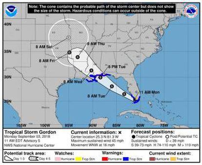 Imagen de la trayectoria prevista de la tormenta tropical Gordon cedida por el Centro Nacional de Huracanes.