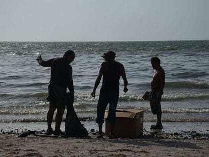 Residuos de combustóleo recalaron a la orilla en playa bonita en Campeche.
