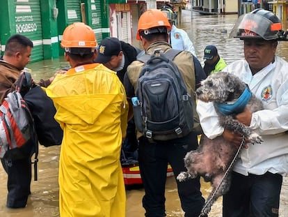 Rescatistas evacúan el 10 de octubre a personas de un poblado de Guatemala afectado por el huracán 'Julia'.