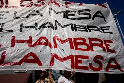 Demonstrators from piquetero groups march in Buenos Aires on April 5.