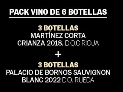 3 botellas de vino tinto Martínez Corta y 3 de vino blanco Palacio de Bornos
